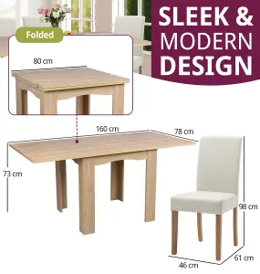 Hallowood Furniture Newquay Oak Flip Top Extending Table with 6 Upholstered Chairs in Beige Fabric