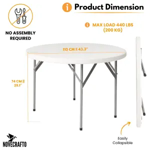 White Round Table 110 cm with Parasol Hole, Space-Saving HDPE Top, Steel Frame for Indoor / Outdoor Use, Garden Parties, BBQs