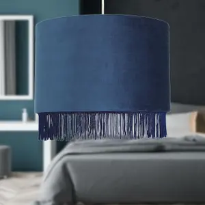 First Choice Lighting Set of 2 Fringed Navy Blue 38cm Fringed Velvet Pendant Shades