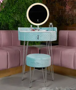 French Riviera Baby Blue Velvet Dressing Table with LED Touch Sensor Mirror