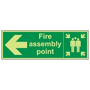 Fire Assembly Point Arrow LEFT Sign - Glow in Dark - 600x200mm (x3)