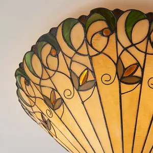 Tiffany Glass Semi Flush Ceiling Light Amber Floral Inverted Round Shade i00051