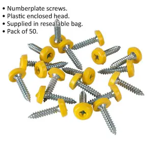 50 Pack of Durable Yellow Numberplate Screws - 4.8 x 24mm Plastic Fixings