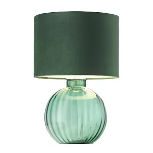 Contemporary Emerald Ribbed Glass Table Lamp with Forest Green Velvet Shade