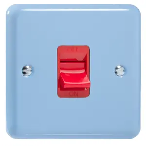 Varilight 45A Cooker Switch (Single Plate, Red Rocker) Duck Egg Blue