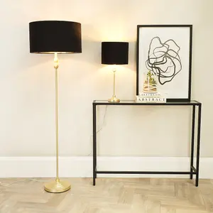 ValueLights Maggie Gold Metal Candlestick Floor Lamp with Black and Metallic Gold Lamp Shade and LED Bub