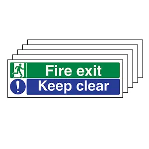 FIRE EXIT KEEP CLEAR Safety Sign Blue/Green - 1mm Rigid Plastic - 300 X 100mm - 5 Pack