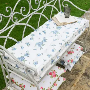 Vintage Blue Floral Print Cotton Outdoor Garden Furniture Bench Cushion