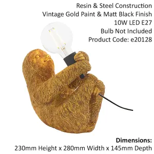 2 PACK Vintage Gold Sloth Table Light - Resin Figure - Matt Black Lamp Holder