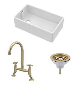 Fireclay Kitchen Bundle - Single Bowl Belfast Sink, Strainer Waste & Bridge Crosshead Tap, 795mm - Brushed Brass - Balterley