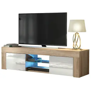 Loom TV Unit 130cm Oak & White with High Gloss Doors and LED Lighting - Creative Furniture