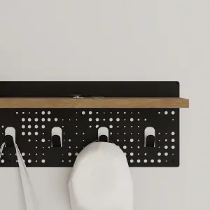 Decortie Modern 7 Hooks Wall Mounted Popy Hanger with Floating Shelf Laser-cut Metal Surface Oak