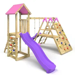 Rebo Wooden Climbing Frame with Swings, 6+8FT Slides & Climbing Wall - Alverstone Pink