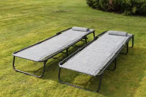 SET OF 2 Luxury Padded Lay Flat Garden Sun Loungers in Grey Weatherproof Textoline