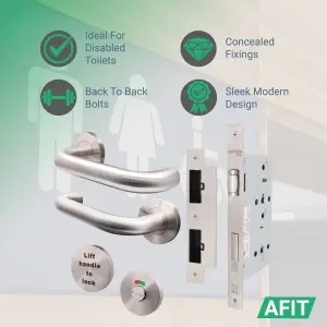 AFIT Lift to Lock Handle Set & DIN Lock for Bathroom / Toilet Cubicle Doors - Satin Stainless - for 60 Minute Fire Doors