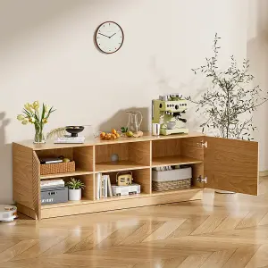 Natural Wood Effect TV Stand TV Unit Cabinet Sideboard Cupboard with 2 Doors and 2 Open Shelves W 160 cm