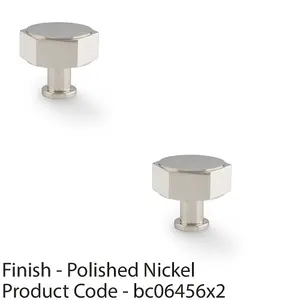 2 PACK - Industrial Hex Cabinet Door Knob - 40mm Polished Nickel Cupboard Pull Handle