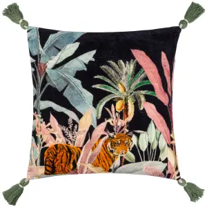 Wylder Midnight Jungle Velvet Tasselled Polyester Filled Cushion