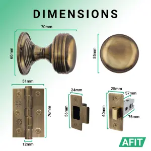 AFIT Lined Door Knob Set Antique Brass - 4 Pairs of Mortice Knobs (55mm), Latch (76mm) & Hinges (76mm) for Internal Doors