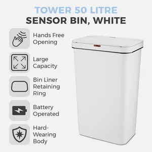 Tower T838005 Sensor Bin with Retainer Ring, Battery-Operated, 50L White