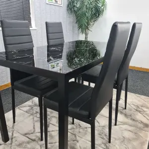 Black Marble Effect Dining Table and 4 Black PU Faux Leather Metal Chairs Dining Table Set