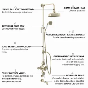 ENKI Downton English Gold White Traditional 3-Outlet Brass Thermostatic Triple Valve Shower Set 200mm