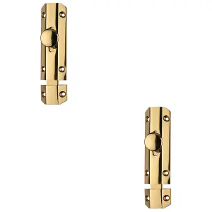 2 PACK - Surface Mounted Flat Sliding Door Bolt Lock 102mm x 36mm Polished Brass