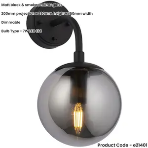 Semi Flush Low Ceiling Pendant & 2x Matching Wall Lights - Matt Black Frame Grey Tinted Glass Shade Set