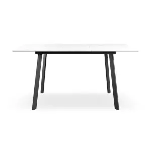 Haydon Extending Dining Table + Chairs- White Marble Effect Table Top w Black Legs + Monza Linen Dining Chair Set Of 6 (Grey)