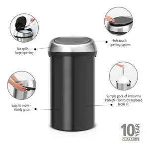 Brabantia 60 Litre Touch Bin Matt Black / Matt Steel