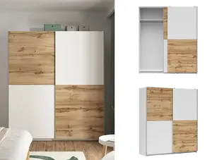 Wardrobe Sliding Double Door Bedroom Storage Hanging Rail Shelves Oak Wotan Time