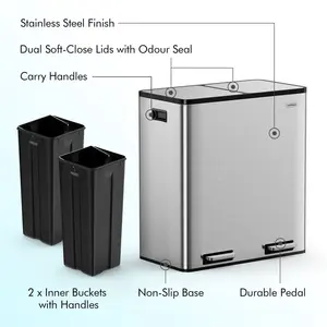 60L Compartment Bins Step On Multi-Compartment Rubbish & Recycling Bin - 60L Stainless Steel