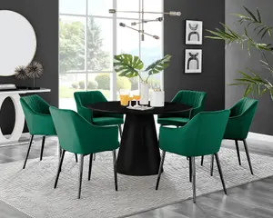 Furniturebox UK Palma Black Semi Gloss Round Pedestal Dining Table & 6 Green Velvet Calla Black Leg Chairs