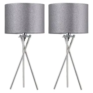 First Choice Lighting Set of 2 Chrome Tripod Table Lamps with Grey Glitter Shades