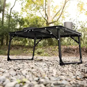 Black Aluminum Alloy Portable Outdoor Folding Camping Table with Mesh Top, Stability Brackets, and Storage Bag