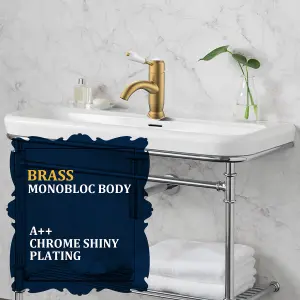 Basin Mixer Tap Gold Bathroom Sink Taps Single Lever with UK Standard Hot and Cold Hoses Modern Bathroom Washroom Cloakroom Faucet