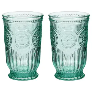 Set of 2 Luxury Embossed Green Tall Drinking Glass Tumblers 330ml