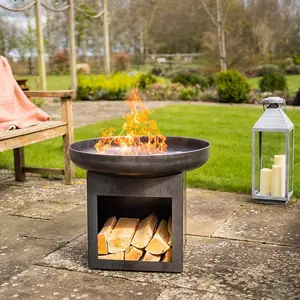 Laguna Fire Pit Bowl & Log Store - Weatherproof Metal Outdoor Garden Log Wood Burner with Brushed Oil Finish - H50 x 60cm Diameter