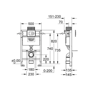 Square Gloss White Hidden Fixation Rimless Wall Hung Toilet Pan & GROHE 0.82m Concealed WC Cistern Frame