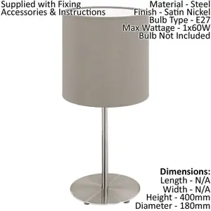 Table Desk Lamp Colour Satin Nickel Steel Shade Taupe Fabric Bulb E27 1x60W