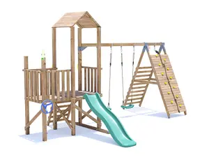 Dunster House Wooden Climbing Frame with Two Swings, Tall Climbing Wall & Slide BalconyFort High Platform