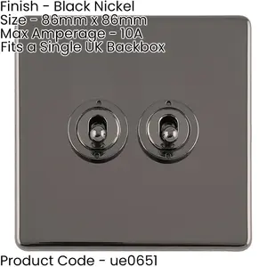 2 PACK 2 Gang Double Retro Toggle Light Switch SCREWLESS BLACK NICKEL 10A 2 Way