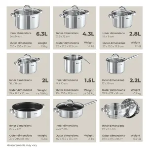 Saucepan Set - 15-pieces, 5 saucepans, 2 frying pans, steamer, milk pot - silver