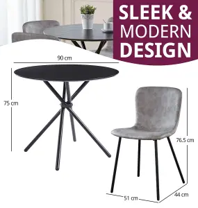 Hallowood Furniture Cullompton Small Black Round Dining Table 90cm with 4 Grey Leather Effect Chairs