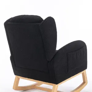 Modern Teddy Fabric Upholstered Rocking Chair Wingback Padded Seat For Living Room Bedroom, Black 