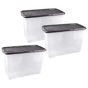 3 x 100 Litre Clear Transparent Base Stackable Curve Plastic Storage Boxes With Black Lids