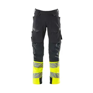 Mascot Accelerate Safe Trousers with Kneepad Pockets - Dark Navy/Hi-Vis Yellow (30.5) (Leg Length - Long)