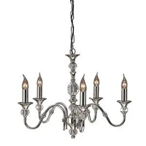 Luminosa Polina 5 Light Multi Arm Ceiling Pendant Chandelier Polished Nickel, Clear Crystal, E14