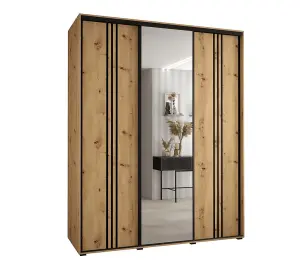 Rustic Oak Artisan Cannes VII Sliding Wardrobe H2050mm W2000mm D600mm with Custom Black Steel Handles and Decorative Strips