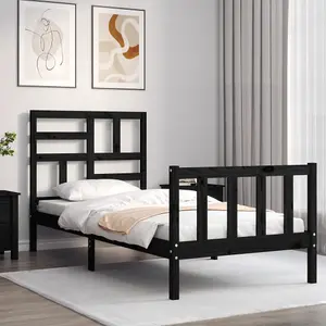 Berkfield Bed Frame with Headboard Black Small Single Solid Wood